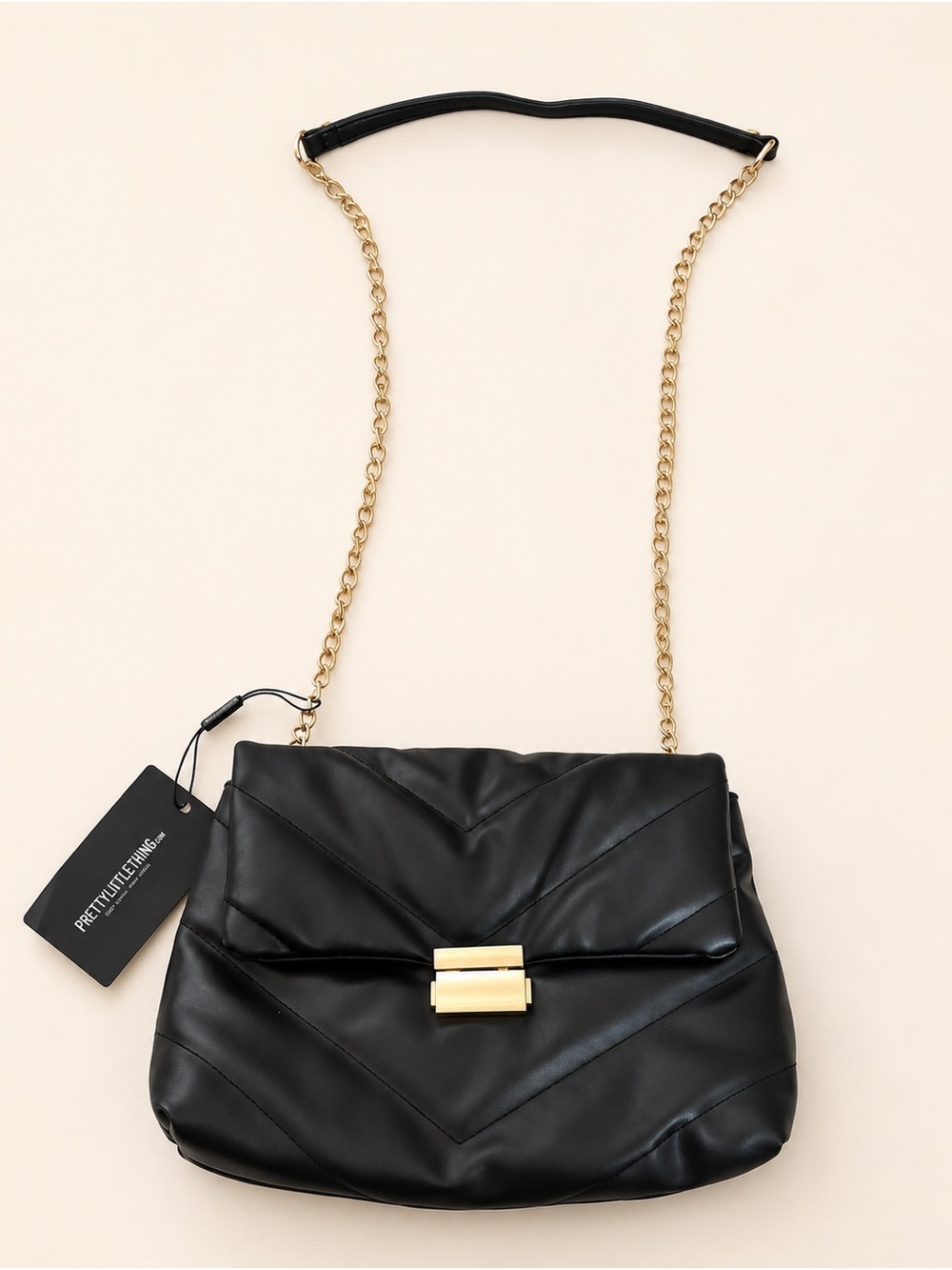 PrettyLittleThing Black Quilted Shoulder Bag with Gold Chain
